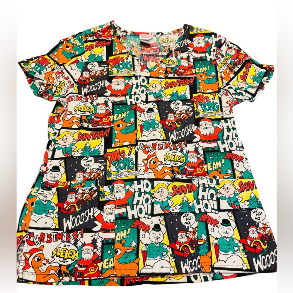 Rudolph the Red-Nosed Reindeer Nurse Scrub Top Women's Cotton Multi Size Small